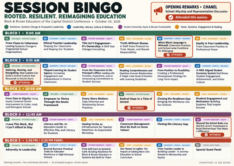 Session Bingo: the Rooted. Resilient. Reimagining Education conference schedule, with Shakeema Funchess’s attended sessions circled.